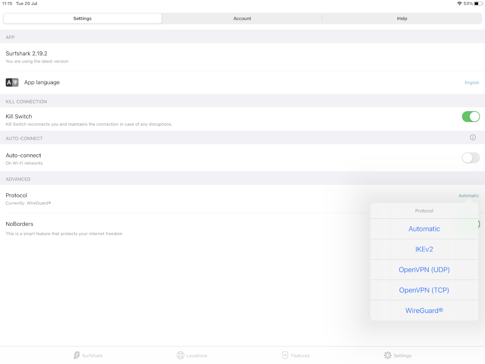Screen shot of the Surfshark's VPN connection settings screen